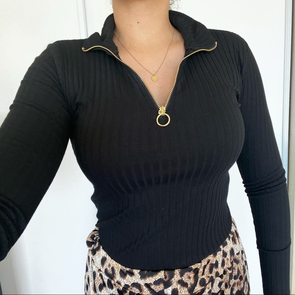 Zip Up Mock Neck Long Sleeve Top with Gold Zipper - Picture 1 of 5